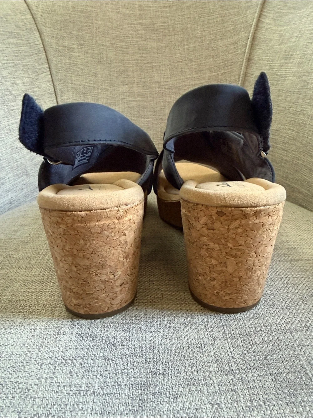 Clarks Women’s Navy Cork Cross‑Strap Wedge Sandals with Buckle
